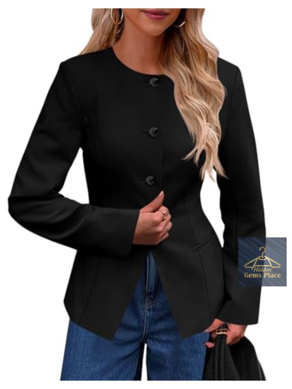 Cicy Bell Women's Fitted Blazer Collarless Split Hem Button Down Business Casual